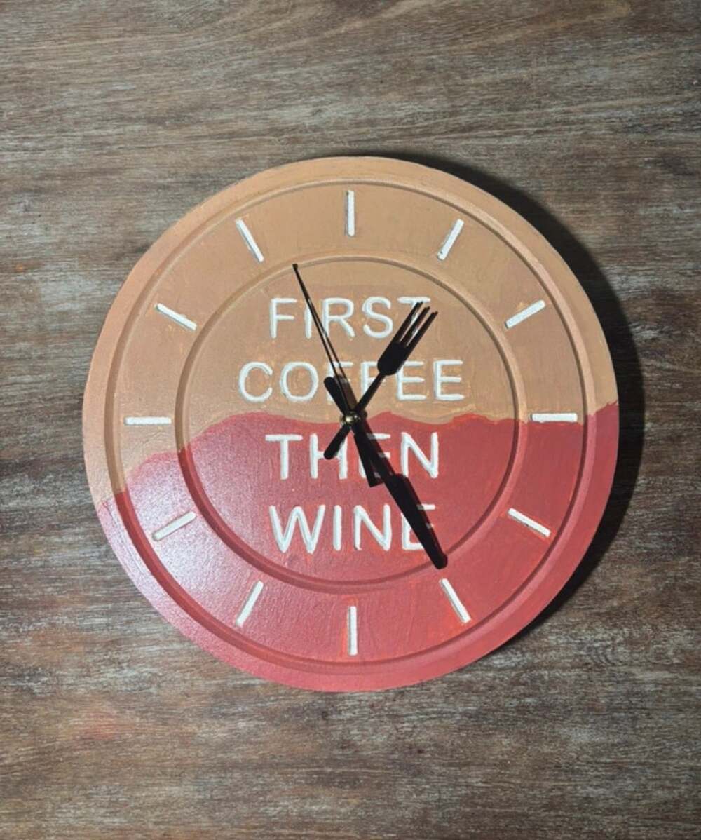First Coffee Then Wine Wall Clock Brown Red